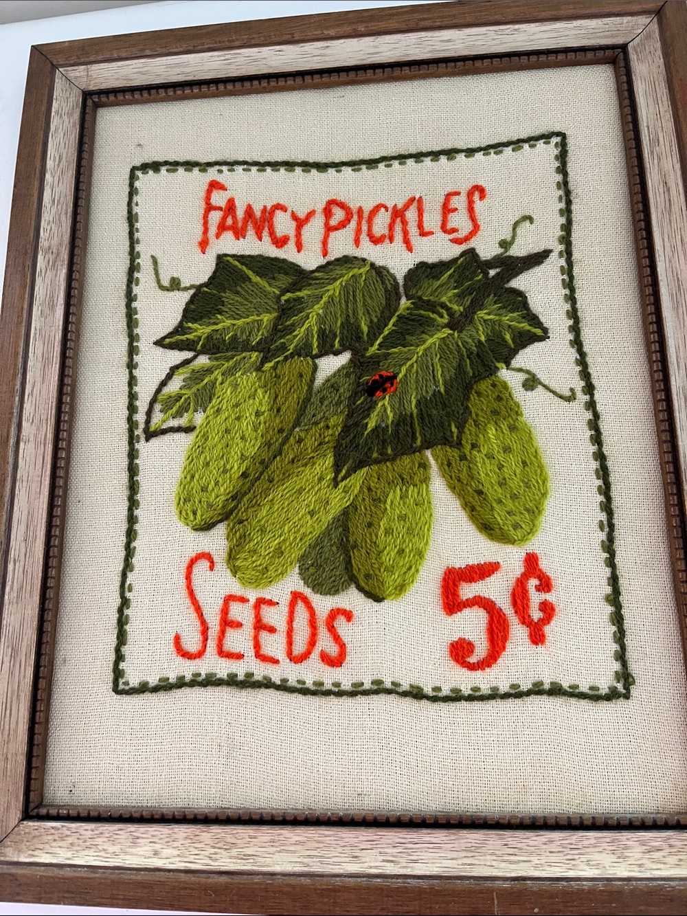 Vintage 1970’s Embroidered 'Fancy Pickles' Seed Packet Wall Art - Green & Orange